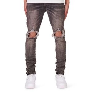 Purple Brand P002 Dropped Fit Mid Rise Slim Leg Distressed Grey Jeans 38 NWT